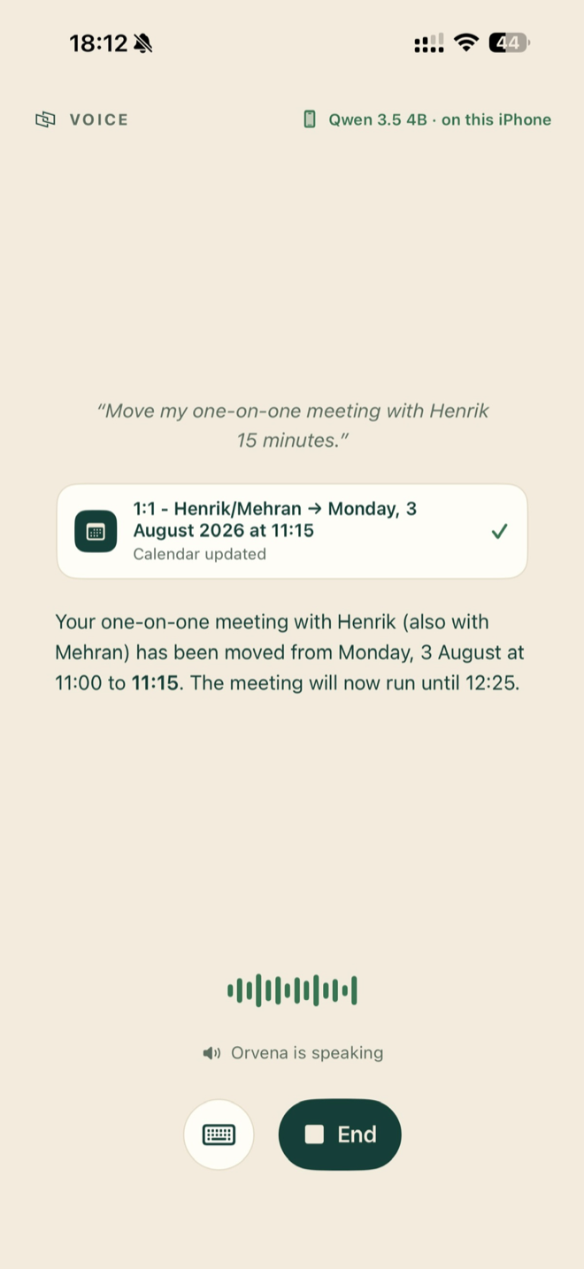 Orvena voice screen: the user asks to move a one-on-one meeting 15 minutes; a calendar receipt shows the meeting moved to Monday at 11:15 with a checkmark, the spoken answer confirms the new start and end time, and a waveform reads Orvena is speaking under a label reading Qwen 3.5 4B on this iPhone.
